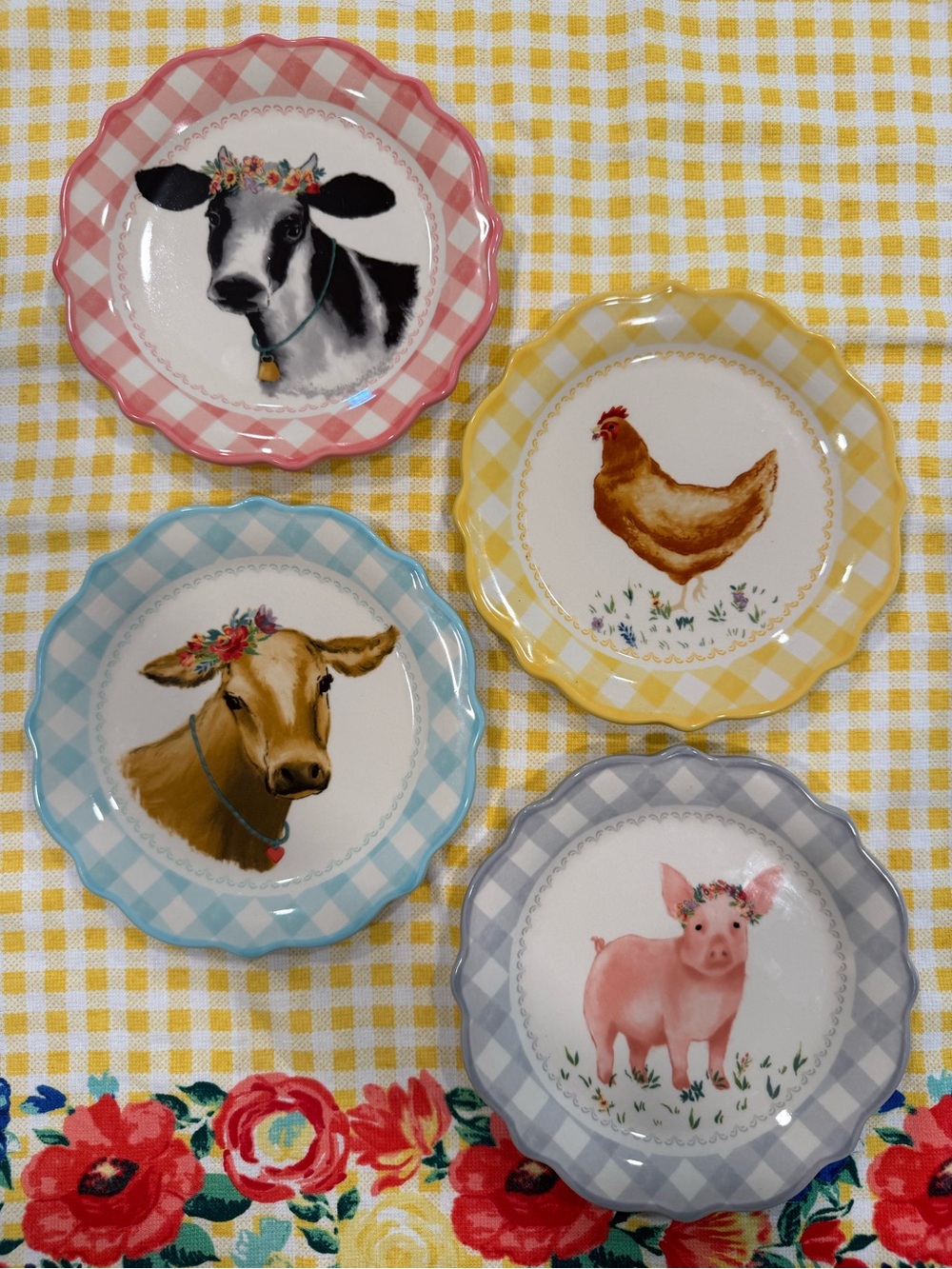 Pioneer Woman Farm Animal Salad Dessert Plates & Kitchen Towel Set 5 Pc NWOT